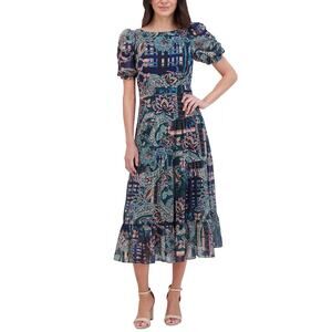 NWT NEW Vince Camuto Mixed Print Puff Sleeve Tiered Maxi Dress Size 2